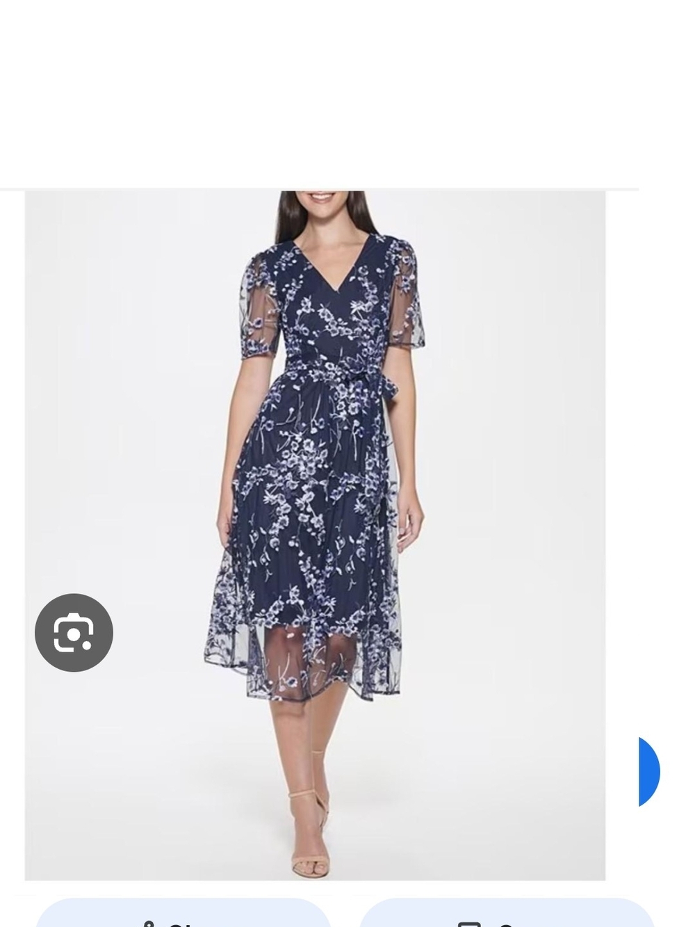 Navy Floral Embroidered Wrap Midi Dress